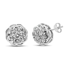 Load image into Gallery viewer, .925 Sterling Silver 1/2 Cttw Round Diamond Cluster Openwork Floral Halo Stud Earrings (I1-I2 Clarity, I-J Color)