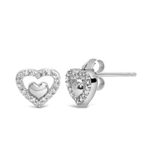 Load image into Gallery viewer, 925 Sterling Silver 1/6 Cttw Diamond Open Double Heart Stud Earrings (I-J Color, I3 Clarity)