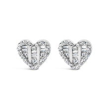 Load image into Gallery viewer, 14K Yellow Gold Plated .925 Sterling Silver 1/2 Cttw Round and Baguette Diamond Composite Heart Shaped Stud Earring (I-J Color, SI2-I1 Clarity)