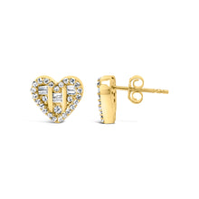 Load image into Gallery viewer, 14K Yellow Gold Plated .925 Sterling Silver 1/2 Cttw Round and Baguette Diamond Composite Heart Shaped Stud Earring (I-J Color, SI2-I1 Clarity)