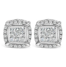 Load image into Gallery viewer, Sterling Silver 1/2 Cttw Princess Cut Diamond Composite and Halo Stud Earrings