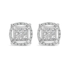 Load image into Gallery viewer, Sterling Silver 1 Cttw Princess Cut Diamond Square Halo Stud Earrings