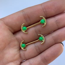 Load image into Gallery viewer, 14G 9/16 Green Faux Opal Gold Tone Curve Barbell Nipple Ring Set
