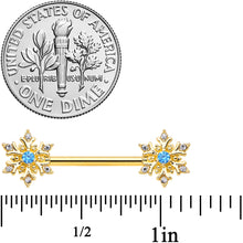 Load image into Gallery viewer, 14G 9/16 Blue CZ Gem Gold Tone Snowflake Barbell Nipple Ring Set