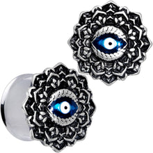 Load image into Gallery viewer, Blue White Evil Eye Mandala Double Flare Plug Set