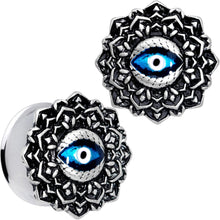 Load image into Gallery viewer, Blue White Evil Eye Mandala Double Flare Plug Set