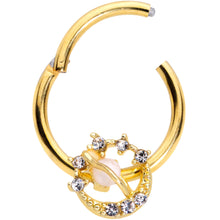 Load image into Gallery viewer, 16G 3/8 Clear Gem Gold Tone White Faux Opal Saturn Hinged Segment Ring