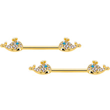Load image into Gallery viewer, 14G 5/8 Blue CZ Gem Gold Tone Whale Barbell Nipple Ring Set