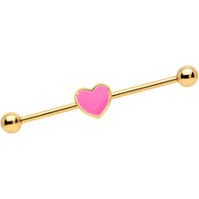 Load image into Gallery viewer, 14G Gold Tone Pink Heart Industrial Barbell 38mm