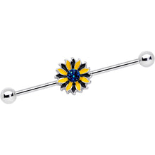 Load image into Gallery viewer, 14G Blue Faux Druzy Yellow Sunflower Industrial Barbell 38mm