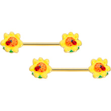 Load image into Gallery viewer, 14G 5/8 Gold Tone Sunny Flower Ladybug Barbell Nipple Ring Set