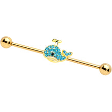 Load image into Gallery viewer, 14G Aqua Gem Gold Tone What A Whale Industrial Barbell 38mm