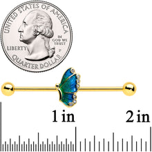 Load image into Gallery viewer, 14G Gold Tone Ombre Blue Butterfly Industrial Barbell 38mm
