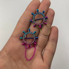 Load image into Gallery viewer, 14G 9/16 Clear Gem Rainbow Ships Wheel Chain Dangle Nipple Shield Set
