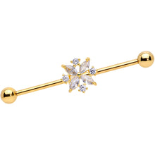 Load image into Gallery viewer, 14G Clear CZ Gem Gold Tone Star Burst Industrial Barbell 38mm