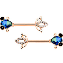 Load image into Gallery viewer, 14G 9/16 Aqua Gem Rose Gold Tone Fish Barbell Nipple Ring Set