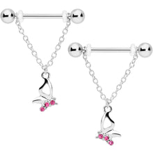 Load image into Gallery viewer, 14G 5/8 Pink Gem Butterfly Dangle Nipple Ring Set