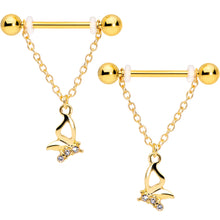 Load image into Gallery viewer, 14G 5/8 Clear Gem Gold Tone Butterfly Dangle Nipple Ring Set