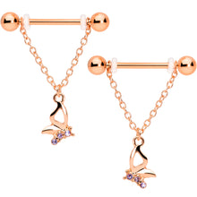 Load image into Gallery viewer, 14G 5/8 Purple Gem Rose Gold Hue Butterfly Dangle Nipple Ring Set