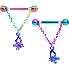 Load image into Gallery viewer, 14G 5/8 Clear Gem Rainbow Butterfly Dangle Nipple Ring Set