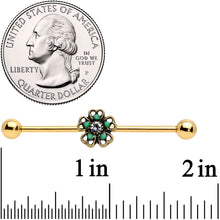 Load image into Gallery viewer, 14G Gold Tone Green Flower St Patricks Industrial Barbell 38mm