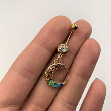 Load image into Gallery viewer, Rainbow Gem Gold Tone Crescent Moon Dangle Belly Ring