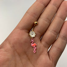 Load image into Gallery viewer, Clear Gem Gold Tone Flower Flamingo Dangle Belly Ring