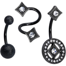 Load image into Gallery viewer, Clear Gem Black Sandblasted Spiral Circle Belly Ring Set of 3