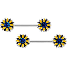 Load image into Gallery viewer, 14G 5/8 Blue Faux Druzy Yellow Sunflower Barbell Nipple Ring Set