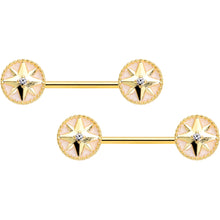 Load image into Gallery viewer, 14G 5/8 Clear Gem Gold Tone Sailors Compass Barbell Nipple Ring Set