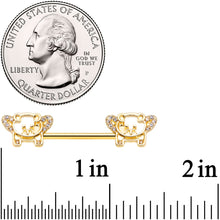 Load image into Gallery viewer, 14G 9/16 Clear Gem Gold Tone Flying Pig Barbell Nipple Ring Set