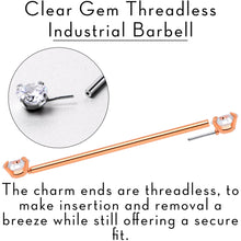 Load image into Gallery viewer, 14G Clear CZ Gem Rose Gold Tone Threadless Industrial Barbell 38mm