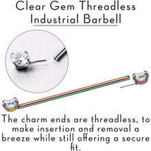 Load image into Gallery viewer, 14G Clear CZ Gem Rainbow Threadless Industrial Barbell 38mm