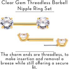 Load image into Gallery viewer, 14G 1/2 Clear CZ Gem Gold Tone Threadless Nipple Ring Set