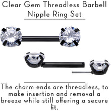 Load image into Gallery viewer, 14G 1/2 Clear CZ Gem Black Threadless Barbell Nipple Ring Set