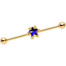 Load image into Gallery viewer, 14G Blue Gem Gold Tone Star Industrial Barbell 38mm