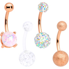 Load image into Gallery viewer, White Faux Opal Clear Gem Rose Gold Tone Aurora Belly Ring Set of 4