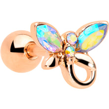 Load image into Gallery viewer, 16G 1/4 Aurora Gem Rose Gold Tone Loop Butterfly Cartilage Tragus