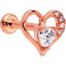 Load image into Gallery viewer, 16G 1/4 Clear CZ Gem Rose Gold Hue Heart Internal Thread Labret