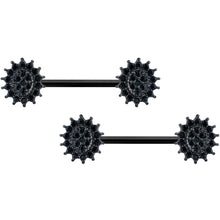 Load image into Gallery viewer, 14G 5/8 Black Gem Black Oval Sunburst Barbell Nipple Ring Set