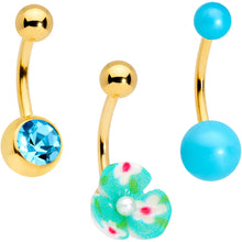 Load image into Gallery viewer, Aqua Gem Gold Tone Flower Pearly Belly Ring Set of 3