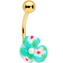 Load image into Gallery viewer, Aqua Gem Gold Tone Flower Pearly Belly Ring Set of 3