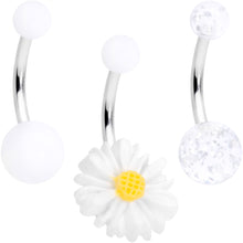 Load image into Gallery viewer, White Daisy Flower Clear Glitter Acrylic Belly Ring Set of 3
