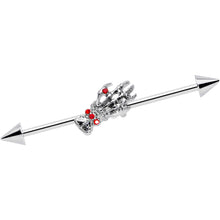 Load image into Gallery viewer, 14G Red Gem Skeleton Hand Halloween Industrial Barbell 38mm