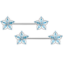 Load image into Gallery viewer, 14G 9/16 Aqua CZ Gem Airy Flower Nipple Ring Set