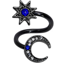 Load image into Gallery viewer, Clear Blue Gem Black Star Moon Twister Dangle Belly Ring Set of 3