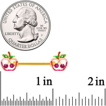Load image into Gallery viewer, 14G 5/8 Green Purple Gem Gold Tone Cherry Apple Nipple Ring Set