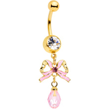 Load image into Gallery viewer, Clear Pink Gem Gold Tone Pink Bow Dangle Belly Ring