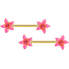 Load image into Gallery viewer, 14G 9/16 Pink Gem Gold Tone Exotic Floral Star Nipple Ring Set