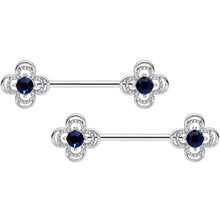 Load image into Gallery viewer, 14G 9/16 Blue Gem Stylized Deco Cross Barbell Nipple Ring Set